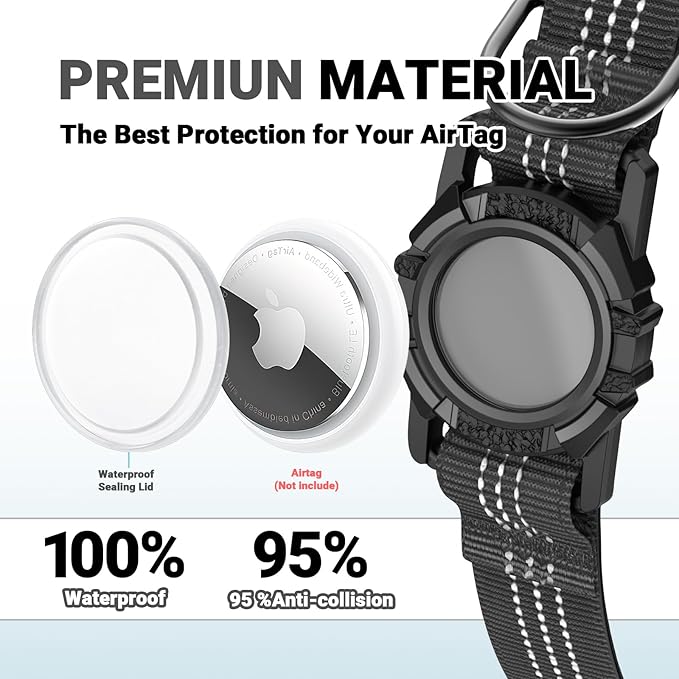 AirTag Dog Collar and Leash, IP68 Waterproof Integrated with Reflective, Ultra-Durable, Comfortable Padded, Heavy Duty Dog Collars for Small Medium Large Dogs, M (12.6"-17.1"), Black