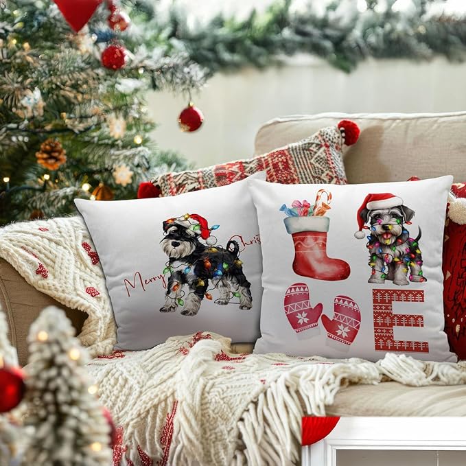 Schnauzer Christmas Pillow Covers 18x18, Schnauzer Decor, Schnauzer Gifts, Merry Christmas Xmas Pillow Covers, Christmas Room Decorations, Christmas Living Room Bedroom Decor, Set of 2