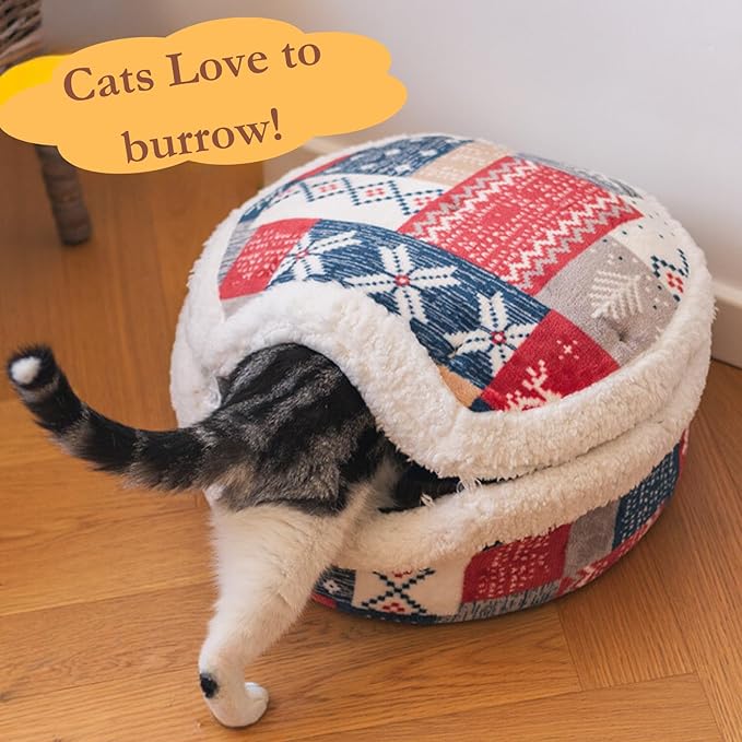 Cat Cave Bed ??Plush, Warm & Calming Hideaway with Detachable Lid & Mat, Covered House for Indoor Kitten & Kitty (Brown)