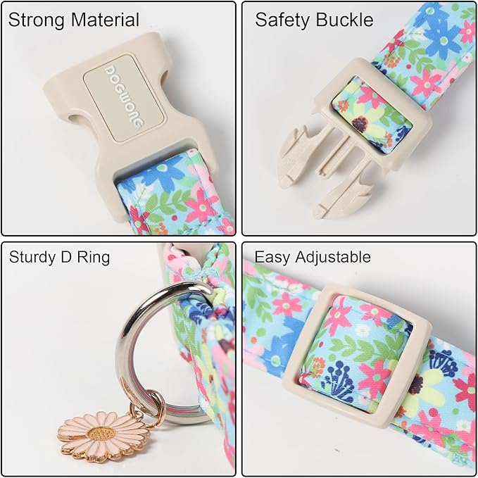 DOGWONG Cute Flower Printed Collar for Small Medium Large Dogs - Blue Floral Dog Collar for Girl Female Boy Dogs,XL