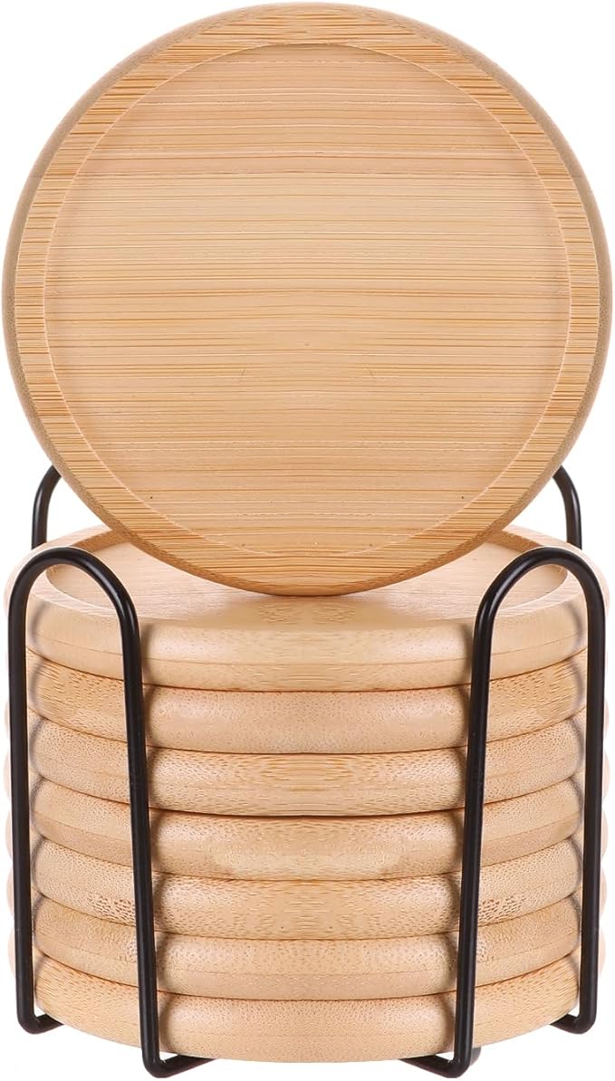 Bamboo 4 inch coaster [8 pcs] Coasters with Holder - Drinking Coasters - Cup Mat for Drinks - Live for Hot or Cold Drink - Non-slip and non-stick,Suitable for Kinds Cups and Living Room Decor