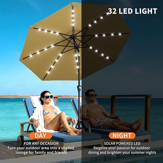 Garvee 9FT Solar Patio Umbrella with 32 LED Lights - Outdoor Table Umbrella with Crank Lift, Push Button Tilt and 8 Sturdy Ribs - Market Umbrella UV Protection for Pool, Deck, Yard, Garden -Tan