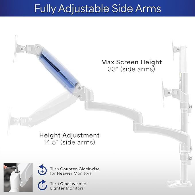 VIVO 17 to 32 inch Triple Pneumatic Monitor Mount, 2 Pneumatic Arms, 1 Fixed, Adjustable Swivel, Rotation, Heavy Duty VESA Desk Stand with C-clamp, Max VESA 100x100, White, STAND-V300GW
