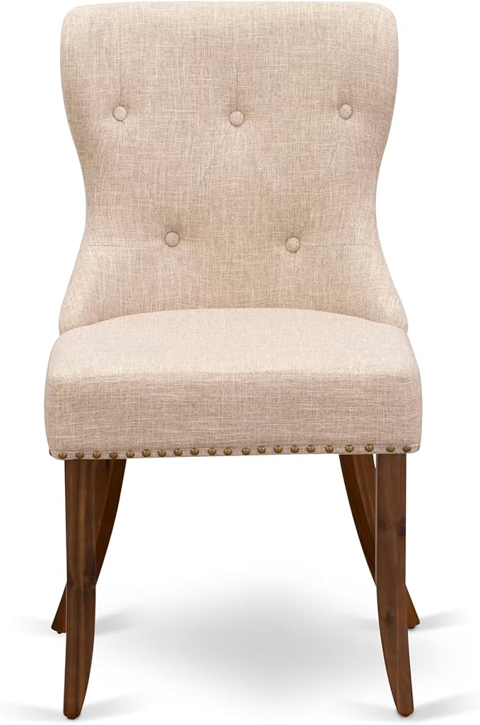 NKSI9-AWA-04 9-Piece Dining Table Set Consists of a Dining Table and 8 Light Tan Linen Fabric Kitchen Chairs with Button Tufted Back - Antique Walnut Finish