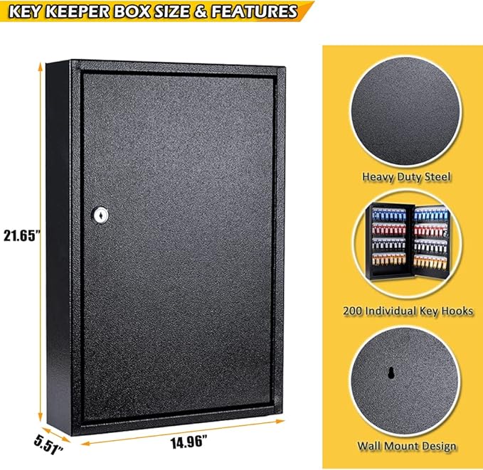 Furnishh Key Box Wall Mount 200 Position Metal Locking Key Cabinet Organizer with Key Tags Key Safe Security Storage Lockbox Holder for Valets, Hotels, Car and House Keys, Key Keeper Box - Black