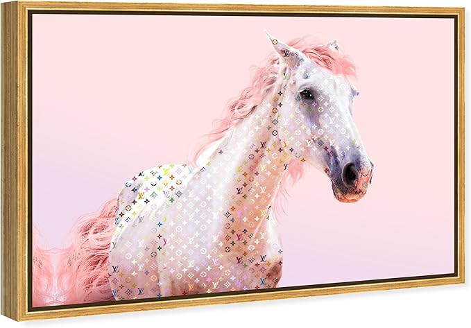 Country Farmhouse Canvas Print Painting Animal Wall Art 'Pink Glam Horse' Gold Framed Canvas Rustic Home Décor 30x20 in Pink, White by Oliver Gal