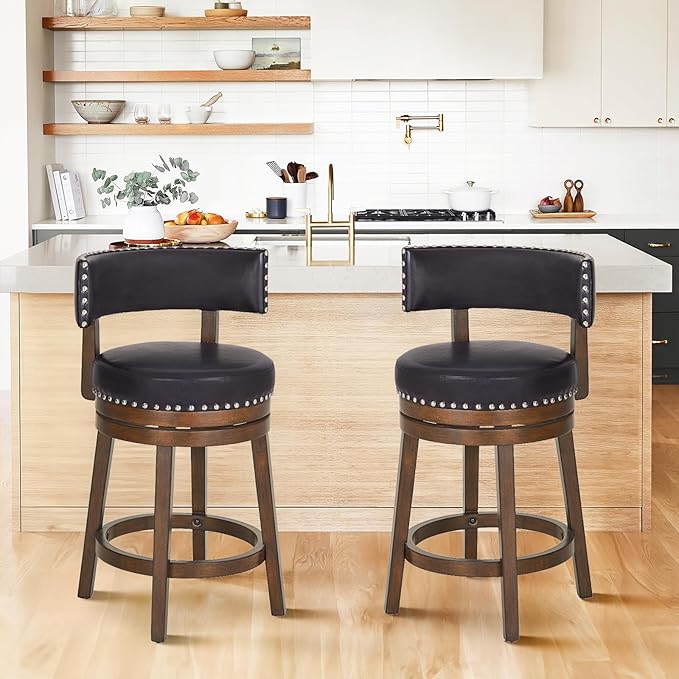 COLAMY Swivel Bar Stools Set of 2, Swivel Counter Height Barstools, 25 Inch Upholstered Barstools for Kitchen Island Dining Room Bar, Dark Brown