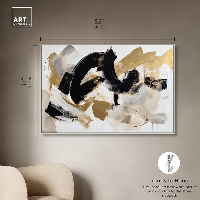 Art Remedy Moved Abstraction Canvas Modern Black White Abstract Wall Art, Silver Frame, 54" x 36"