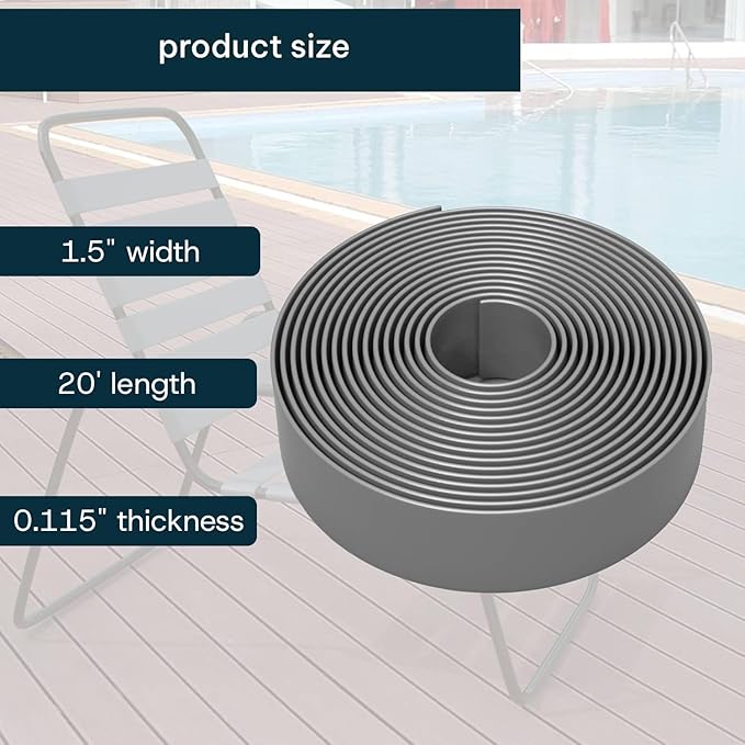 KOMORAX Gray 1.5" Wide 20' Length Chair Vinyl Strap Strapping for Patio Lawn Garden Outdoor Furniture Matte Finish Color