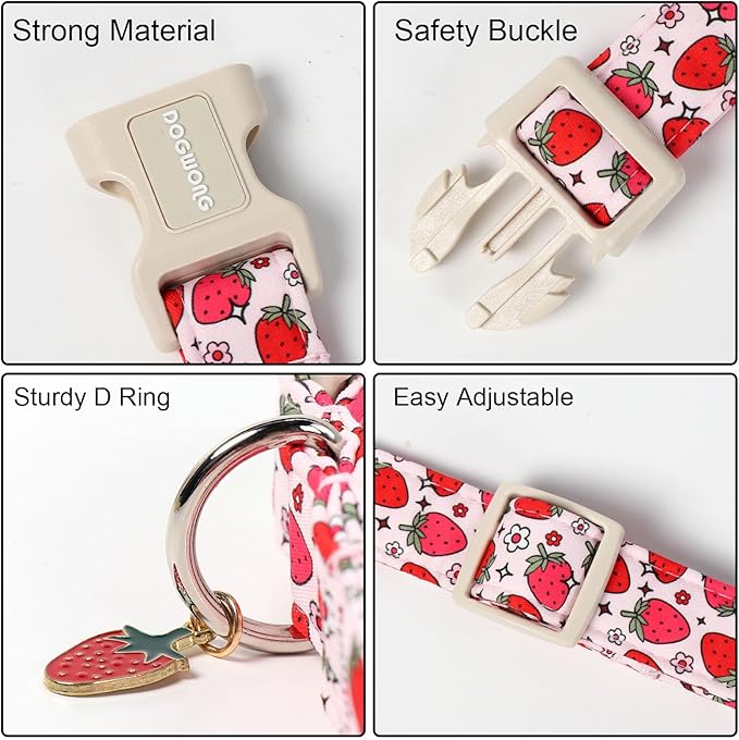 DOGWONG Strawberry Dog Collar, Cute Pink Strawberry Pet Collars with Quick Release Buckle for Puppy Small Medium Large Boy Girl Dogs-S