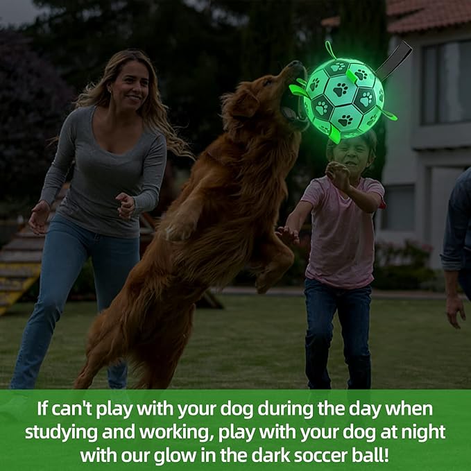 QDAN Glow in The Dark Dog Toys Soccer Ball with Straps - Light Up Dog Balls for Large Dogs, Interactive Dog Toys with Strap for Tug of War,Puppy Birthday Gifts (8 Inch)