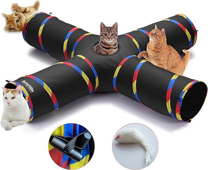 4 Way Large Cat Tunnels for Indoor Cats - 10" Diameter & 47" Long Play Tunnel Toy - Cat Tube with Play Ball & Mouse Toy - Interactive Peephole (Black)