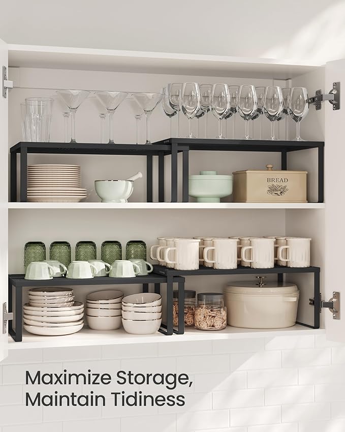 SONGMICS Spice Racks, Set of 2 Metal Cabinet Shelf Organizers, Countertop Organizers, Shelf Risers, Stackable, Expandable, Ink Black UKCS401B01