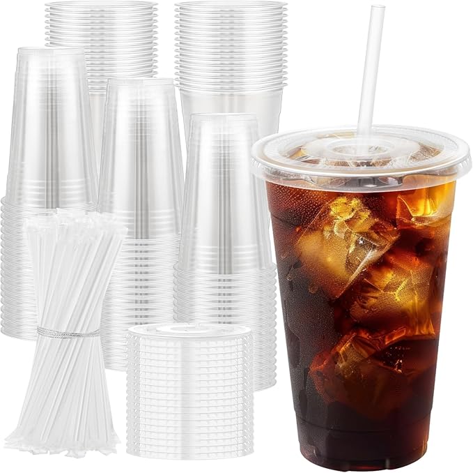 100 Pack 20 oz Plastic Cups with Lids and Straws Sturdy Food Safe Iced Clear Coffee Cups Disposable Smoothie Cups for Cold Drinks