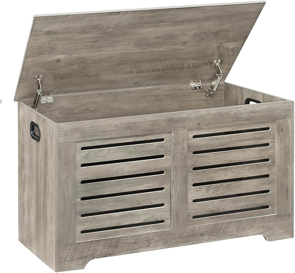 DINZI LVJ Storage Chest, Flip-Top Wooden Toy Box with 2 Safety Hinges, Retro Entryway Shoe Bench, Sturdy Large Storage Trunk for Living Room, Bedroom, Toddler Room, Easy Assembly, Gray Wash