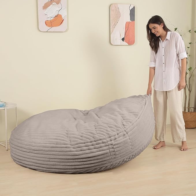 Memory Foam Bean Bag Chair, Bean Bag Bed with Fluffy Removable Cover, for Living Room Bedroom, 6FT Grey