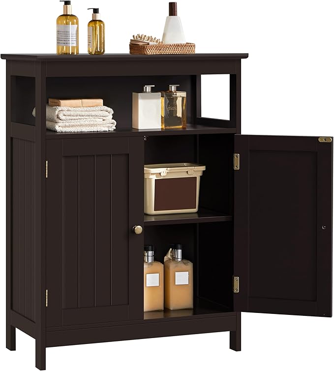 Yaheetech Bathroom Floor Storage Cabinet, Wooden Free Standing Storage Organizer with 2 Doors & Adjustable Shelf for Living Room, Hallway, Espresso