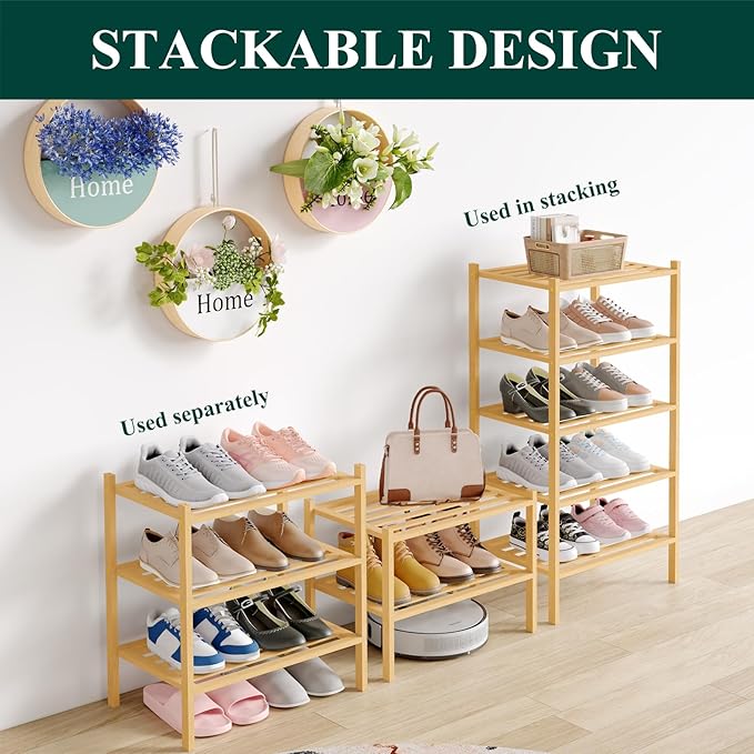 Smiry Small Bamboo Shoe Rack 5-Tier, Stackable Wooden Shoe Organizer for Entryway & Closet, Free Standing Wood Shoe Storage Shelf for Front Door & Small Spaces, Natural