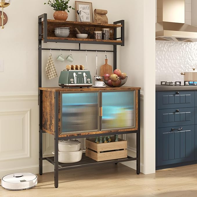 Bestier Coffee Bar with Storage, 5 Tier Microwave Stand with LED Lights, Kitchen Bakers Rack with Cabinet, Heavy Duty Storage Shelves for Kitchen Garage Pantry(Rustic Brown)
