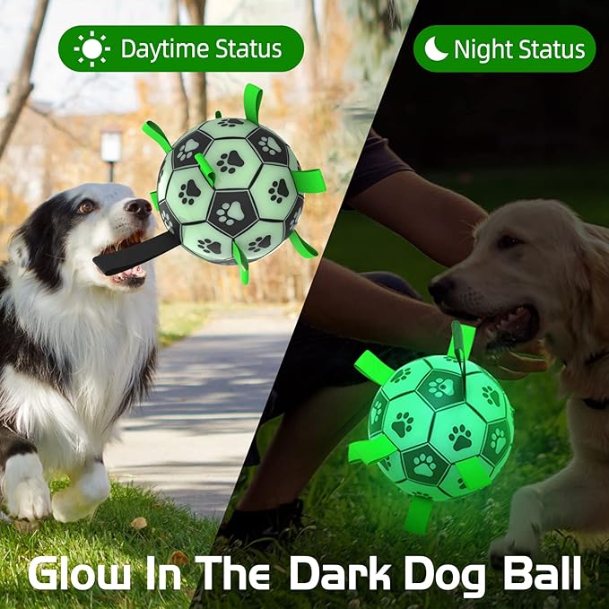 QDAN Glow in The Dark Dog Toys Soccer Ball with Straps - Light Up Dog Balls for Large Dogs, Interactive Dog Toys with Strap for Tug of War,Puppy Birthday Gifts (8 Inch)