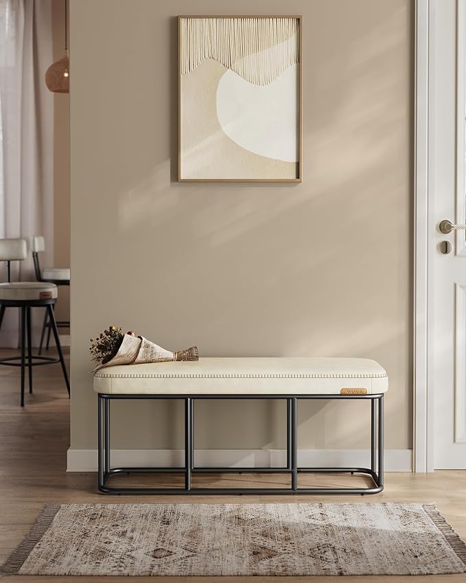 VASAGLE EKHO Collection - Storage Bench for Entryway, Ottoman Bench with Steel Frame, 43.3-Inch Wide, Synthetic Leather, Living Dining Room, Mid-Century Modern, Loads 660 lb, Cream White ULOM085W02