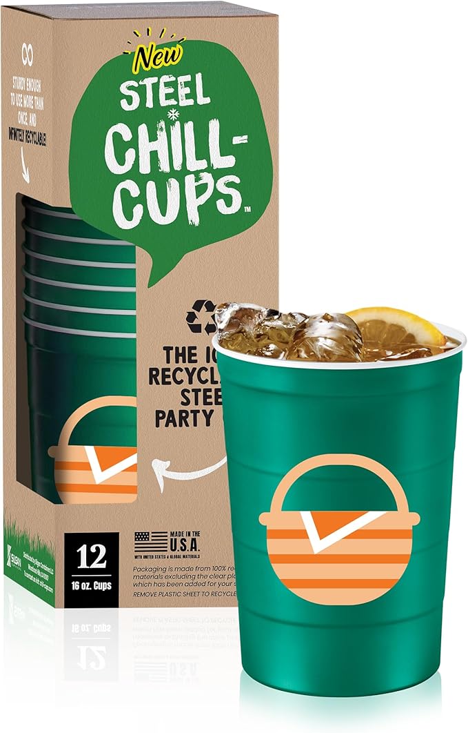 16 oz. Party Cup Summer BBQ Grill Picnic Design for Cold Drinks, Sturdy, Durable, Disposable, Recyclable, Made in USA, Green 12 Count
