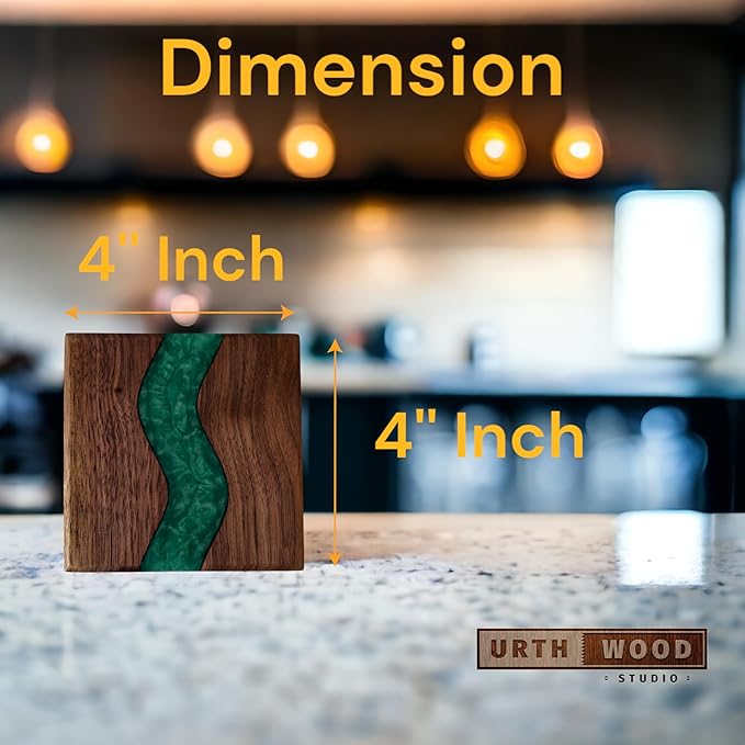 Wood Coaster Set for Drinks | Handmade with Dark Walnut & Natural Wood Sealant Finish for Water Resistance, Easy Cleaning & No Stains | Epoxy Resin River (4 Pieces) (Green)