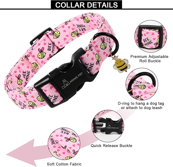 ARING PET Pink Dog Collar, Cute Yellow Bees Pet Collars for Puppy Small Medium Large Boy Girl Dogs-M