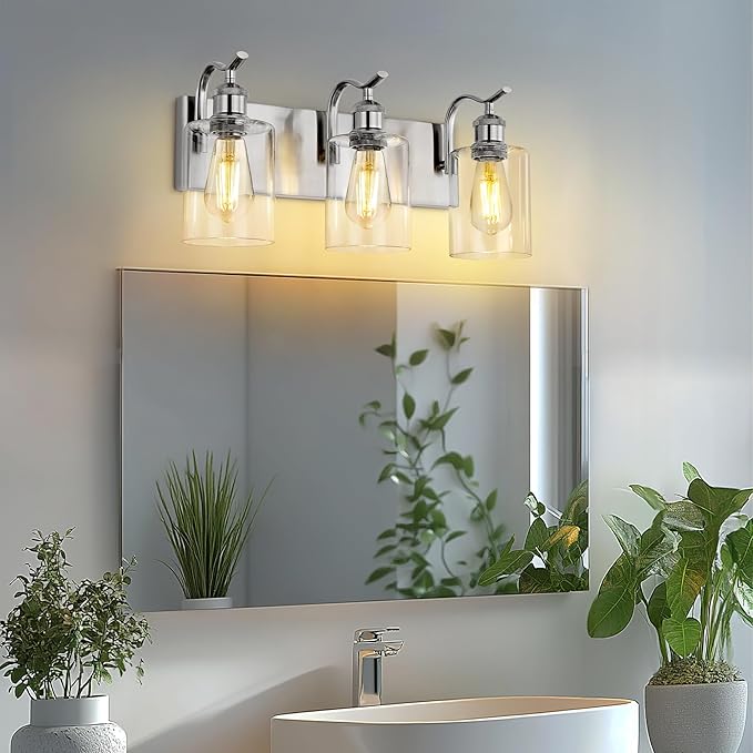 3-Light Bathroom Vanity Light, Brushed Nickel Wall Sconce, Modern Bathroom Light with Clear Glass, VL01BN-3