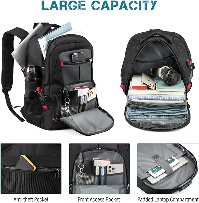 LOVEVOOK 17 inch Travel Laptop Backpack, DarkGrey, Waterproof, Anti-Theft with Lock, USB Charging Port, Large Capacity, Multi-Purpose