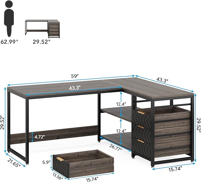 LITTLE TREE 59-Inch L Shaped Desk with Drawers, Large Computer Desk with Storage Shelves, Reversible L-Shaped Corner Desk Workstation for Home Office