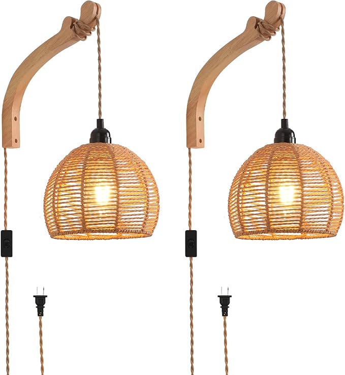 Plug in Wall Sconce,Farmhouse Wicker Wall Lamp Plug in,Hand Woven Rattan Wall Light Farmhouse Rustic Boho Sconces Wall Lighting for Living Room Bedroom