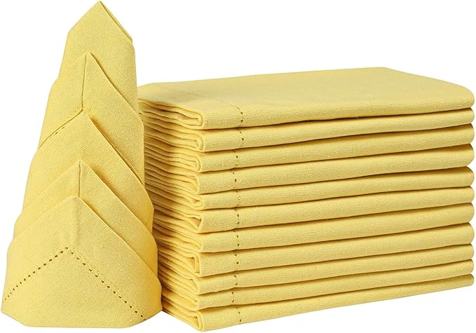 Bedding Craft Cotton Dinner Napkins Set of 12 – 18x18 Sand Yellow with Hemstitched Mitered Corners – Machine Washable Fabric Napkins for Thanksgiving, Weddings & Cocktails