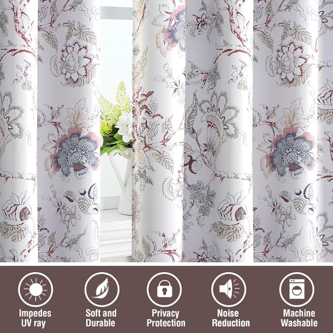 H.VERSAILTEX Blackout Curtains 84 Inch Length 2 Panels Set Floral Print Curtain Drapes for Living Room Thermal Insulated Grommet Window Curtains for Bedroom - Traditional Floral in Terracotta and Blue