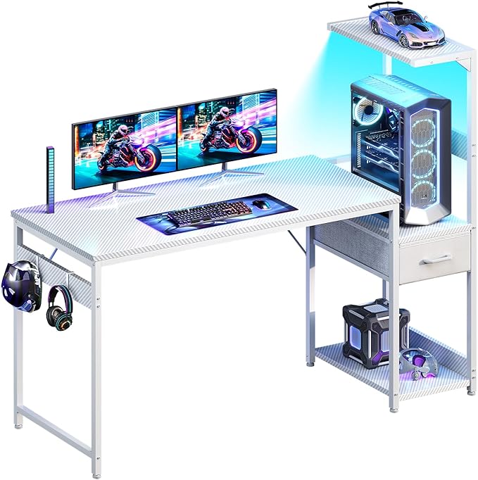 Casaottima 54 Inch Gaming Desk with Storage & LED Lights, Reversible Computer Desk with Display Shelves & Fabric Drawer, Modern Gamer Desk Table with Side Headphone Hook, Carbon Fiber White