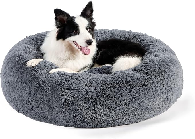 Bedsure Calming Dog Bed for Large Dogs - Donut Washable Large Pet Bed, 36 inches Anti-Slip Round Fluffy Plush Faux Fur Dog Bed, Fits up to 80 lbs Pets, Dark Grey