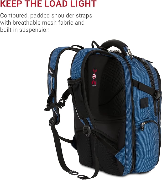 SwissGear Travel Tech Elite Laptop Backpack – Fits Laptops up to 16” – ScanSmart TSA-Friendly Backpack with USB Port, Shoe Compartment & Organizer Pockets – Blue/Black