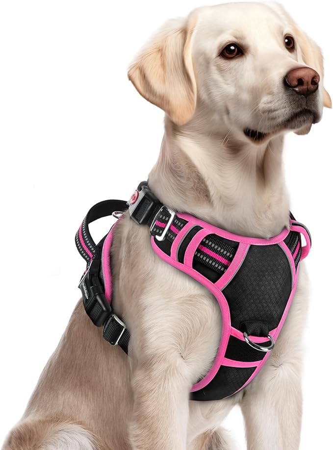 rabbitgoo Dog Harness for Large Dogs, No Pull Pet Vest with 3 Buckles, Adjustable Soft Padded Pet Harness with Easy Control Handle and Reflective Strips, Black & Rose Pink, L