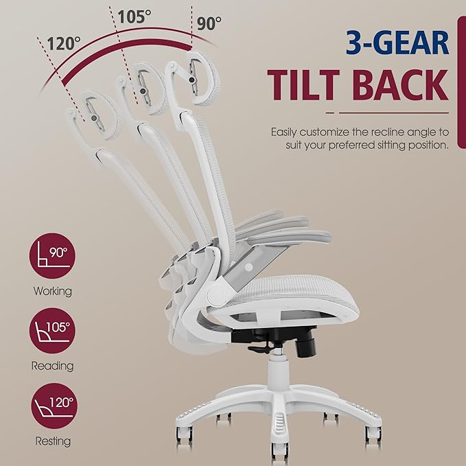 GABRYLLY Ergonomic Office Chair, High Back Home Desk Chair with Headrest, Flip-Up Arms, 90-120° Tilt Lock and Wide Cushion, 400LBS Mesh Chairs for Man Woman, White Task Chair(Grey,GY01WG)