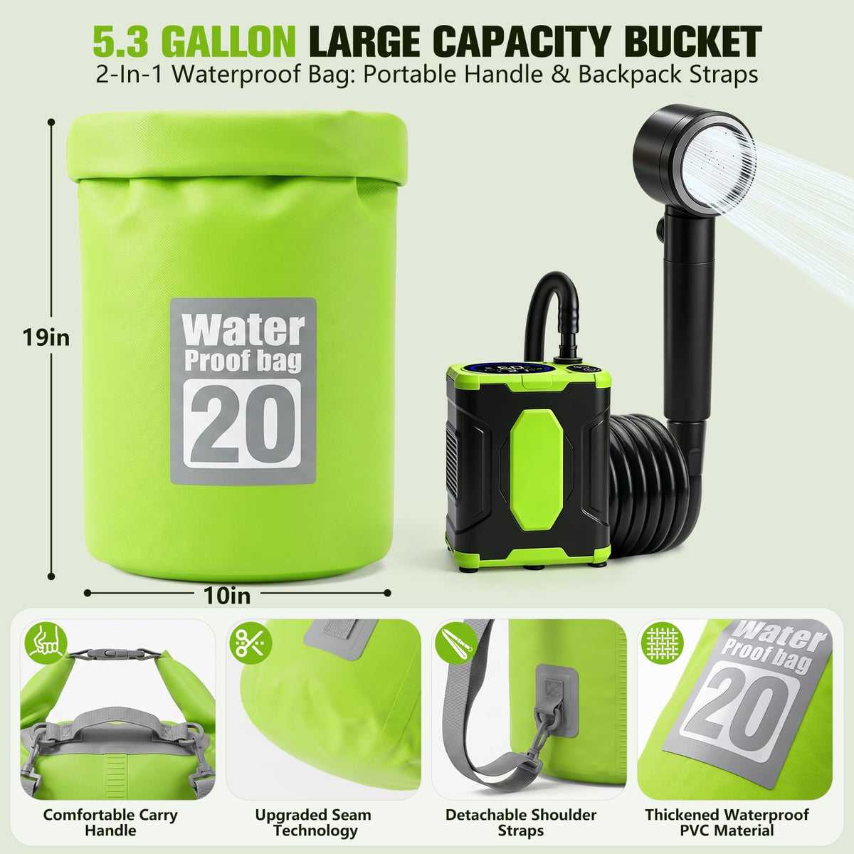 2026 Portable Shower For Camping With Waterproof Dry Bag,10000mAh Rechargeable Portable Camping Shower With Intelligent LED Display, Portable Electric Shower Pump 4 Spray, Outdoor Camping Water Pump
