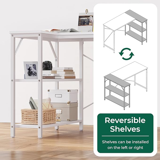 Huuger L Shaped Desk, 39 Inches Computer Desk with Reversible Storage Shelves, for Gaming Corner Home Office Writing Study, Metal Frame, White