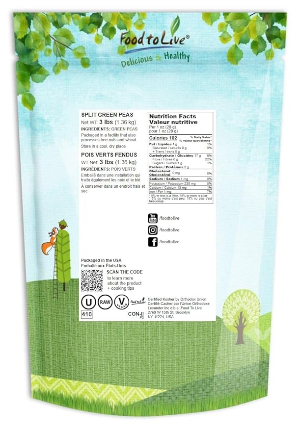 Food to Live Green Split Peas, 3 Pounds – Dried, Vegan, Kosher, Bulk. Easy to Cook. Rich in Protein, Fiber, Essential Minerals. Great for Pea Soup, Stews, Salads. Perfect to Serve with Rice.