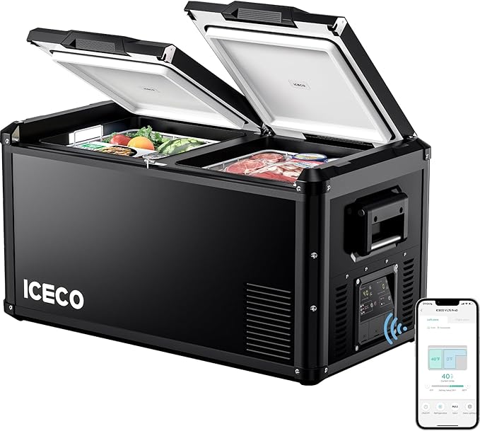 ICECO VL75 ProD Portable Refrigerator, Multi-directional Lid, Dual USB & DC 12/24V, AC 110-240V, 75L Dual Zone Steel Compact Refrigerator Powered by SECOP, 0℉ to 50℉, Home & Car Use [Upgrade]