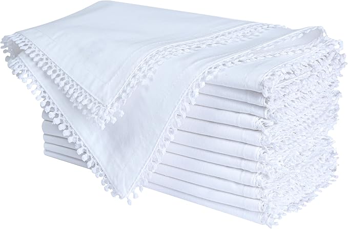 Bedding Craft Cotton Cloth Dinner Napkins Set of 12 – 18x18 Smart White with Decorative Lace Selvedge – Elegant Machine Washable Fabric Napkins for Weddings, Parties, Baby Showers & Table Décor