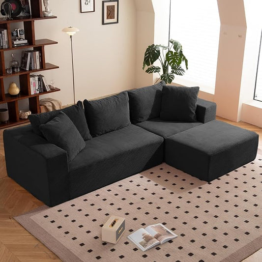 108" L-Shaped Boneless Couch, Modular Sectional Sofa with Moveable Ottoman, Corduroy Cloud Couches for Living Room, No Assembly, Ship in a Box, Black
