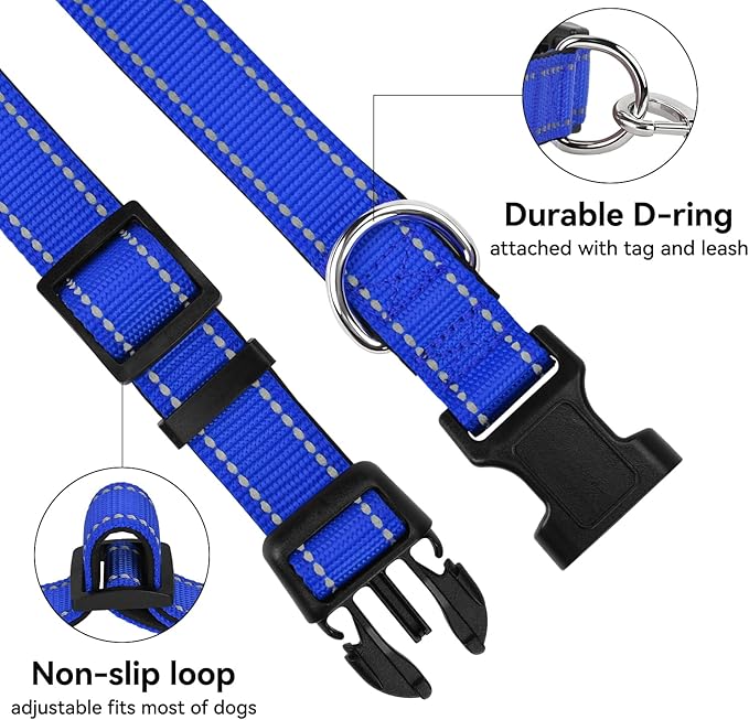 Reflective Dog Collar for Mediunm Dogs, Adjustable Collar with Soft Neoprene Padded, Durable Buckle for Daily Walking,Navy Blue,M, 1" Width