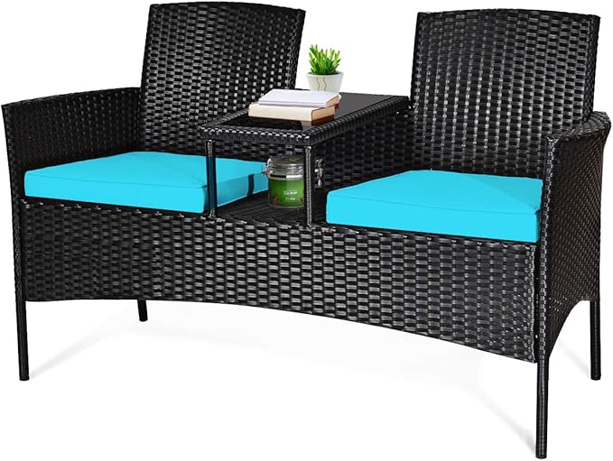 Tangkula Wicker Patio Conversation Furniture Set, Outdoor Furniture Set with Removable Cushions & Table, Tempered Glass Top, Modern Rattan Bench for Garden Lawn Backyard