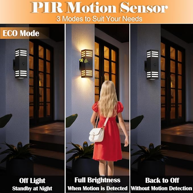 wowlite Motion Sensor Outdoor Lights 2 Pack, Dusk to Dawn Porch Light Outdoor Wall Sconce, 3 Lighting Modes Exterior Lighting Fixture Wall Mount Waterproof, Black Aluminum Outside Lights for House