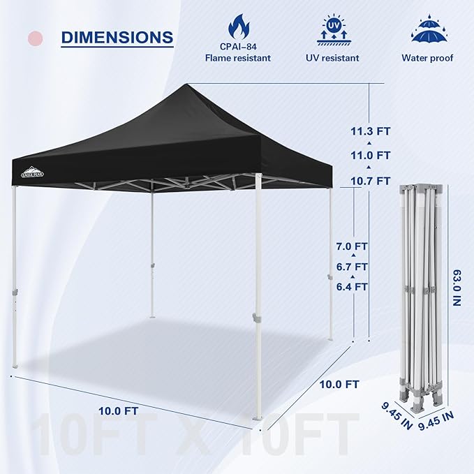 EAGLE PEAK 10x10 Heavy Duty Pop up Commercial Canopy Tent, Instant Marketplace Sun Shelter with Roller Bag and 4 Sandbags, Black