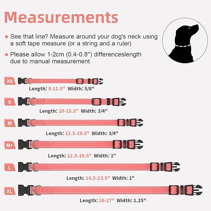 Reflective Dog Collar for Extra Large Dogs, Adjustable Collar with Soft Neoprene Padded, Durable Buckle for Daily Walking,Neon Pink,XL